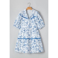 Sky Blue Floral Print Collared V Neck Ric-rac Trim Plus Size Mini Dress - 4X thumbnail