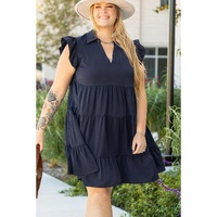 Navy Blue Collared V Neck Flutter Sleeve Tiered Plus Size Dress - 4X thumbnail