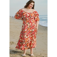 Orange Floral V Neck Flutter Sleeve Cinched Waist Long Plus Size Dress - 2X thumbnail