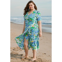 Green Leaves Print Short Sleeve Surplice Neck Ruffled Trim Plus Size Maxi Dress - 2X thumbnail