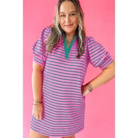 Rose Stripe Collared V Neck Puff Sleeve Shift T Shirt Dress with Pockets - 3X thumbnail