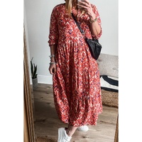 Red Plus Size Abstract Print Notch V Neck High Waist Maxi Dress - 1X thumbnail
