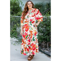 Orange Floral Print Drawstring V Neck Tiered Plus Size Dress - 1X thumbnail