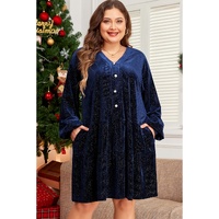 Navy Blue Plus Size Textured Velvet Tiered Button V Neck Dress - 4X thumbnail