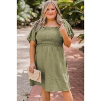Grass Green Frilly Square Neck Flutter Sleeve Smocked High Waist Plus Size Dress - 4X thumbnail