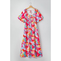 Rose Abstract Printed Puff Sleeve Square Neck Smocked Bust Tied Back Plus Size Dress - 1X thumbnail
