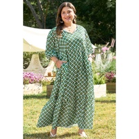Green Geometric Floral Print Half Sleeve Plus Size Maxi Dress - 1X thumbnail