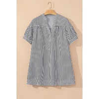 Black Stripe Short Sleeve Buttoned V Neck Pocketed Plus Size Mini Dress - 4X thumbnail
