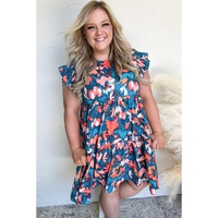 Blue Abstract Print Shirred Ruffled Short Sleeve Tiered Plus Size Mini Dress - 2X thumbnail