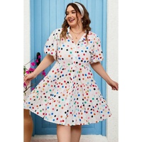 White Polka Dot Print Bubble Sleeve Button Up Plus Size Shirt Dress - 2X thumbnail