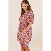 Red Dainty Flower Printed Plus Size Short Sleeve Shift Dress - 1X thumbnail