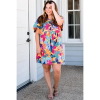 Multicolour Plus Size Leafy Print Split Neck Short Sleeve Shift Dress - 1X thumbnail