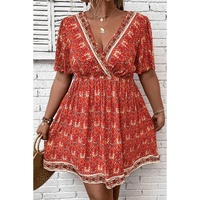 Orange Plus Size Printed Surplice Neck Empire Waist Flowy Mini Dress - 1X thumbnail