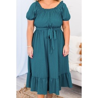 Skobeloff Frilled U Neck Puff Sleeve Belted Ruffle Hem Plus Size Midi Dress - 1X thumbnail