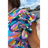 Blue Geometric Print Ruffled Short Sleeve Plus Size Tiered Maxi Dress - 1X thumbnail