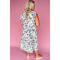 Black Floral Print Piping Trim Notched Neck Ruffle Sleeve Plus Size Long Dress - 1X thumbnail