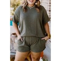 Moss Green Plus Size Rib Knit Short Sleeve Top and Shorts Set - 2X thumbnail