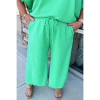 Mint Green Textured Batwing Sleeve Tee Wide Leg Pants Plus Size Set - 1X thumbnail