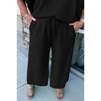 Black Textured Batwing Sleeve Tee Wide Leg Pants Plus Size Set - 2X thumbnail