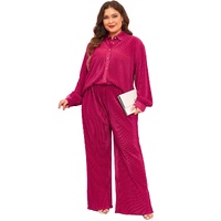 Rose Red Plus Size Ribbed Long Sleeve Shirt and Pants Pajama Set - 2X thumbnail