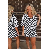 Black Checkered Pattern Tee and Shorts Plus Size Two Piece Set - 2X thumbnail