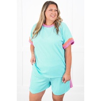 Light Blue Plus Size Color Block Corded Knit Tee and Shorts Set - 4X thumbnail