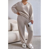 Parchment Plus Size Ribbed V Neck Pullover and Pants Set - 1X thumbnail