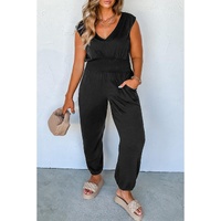 Black Plus Smocked High Waist Sleeveless V Neck Jumpsuit - 3X thumbnail