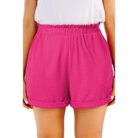 Bright Pink Plus Size Rolled Edge Ruffled Elastic Waist Textured Shorts - 1X thumbnail