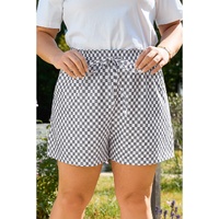 Gray Checkerboard Lace-Up High Waist Plus Size Casual Shorts - 1X thumbnail