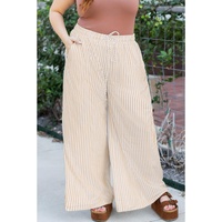 Khaki Stripe Plus Size Drawstring High Waist Wide Leg Pants - 1X thumbnail