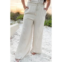 Beige Smocked High Waist Wide Leg Plus Size Pants - 3X thumbnail