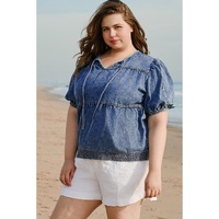 Sail Blue Plus Drawstring V Neck Puff Sleeve Denim Blouse - 4X thumbnail
