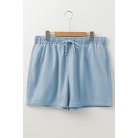 Beau Blue Washed Chambray Drawstring Elastic Waist Plus Size Shorts - 4X thumbnail