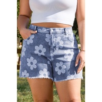 Ashleigh Blue Floral Pattern High Waist Raw Hem Plus Size Denim Shorts - 2X thumbnail