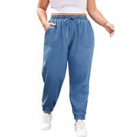 Dusk Blue Drawstring Waist Pocketed Plus Size Denim Joggers - 1X thumbnail