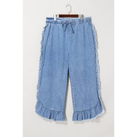 Blue Plus Size Lace up Waist Ruffled Trim Ankle Length Jeans - 1X thumbnail