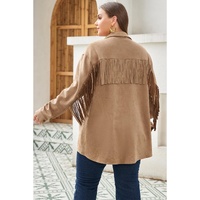 Khaki Fringe Trim Plus Size Suede Shacket - 1X thumbnail