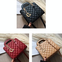 Leather Crossbody Bag with Rhombus Pattern for Women - Black thumbnail