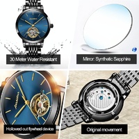 Waterproof Automatic Mechanical Watch for Women with Simple Hollow Design - Black Steel Strip Blue thumbnail