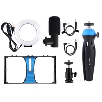 Vlogging Live Broadcast Smartphone Video Rig With Led Selfie Light Microphone Tripod Mount And Cold Shoe Head - Blue - Pkt3025L thumbnail