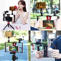 Live Broadcast Vlogging Kit With Led Light Microphone Tripod & Cold Shoe Head - Red thumbnail