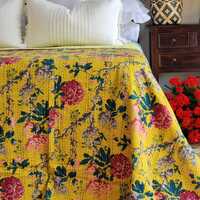 Mustard Peony Kantha Bedspread Coverlet - Mustard (King - 228 cm x 274 cm) thumbnail