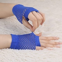 12 Pair Fishnet Gloves Fingerless Wrist Length 70s 80s Costume Party Bulk - Blue thumbnail