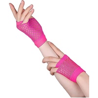 12 Pair Fishnet Gloves Fingerless Wrist Length 70s 80s Costume Party - Hot Pink thumbnail