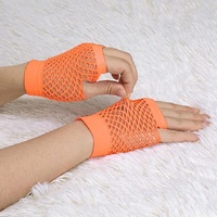 12 Pair Fishnet Gloves Fingerless Wrist Length 70s 80s Costume Party - Orange thumbnail
