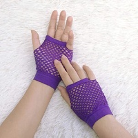 12 Pair Fishnet Gloves Fingerless Wrist Length 70s 80s Costume Party - Purple thumbnail