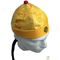 CHINESE LANDLORD HAT Oriental Asian Cap w Ponytail Party Costume Traditional - Yellow thumbnail
