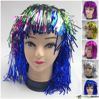 Tinsel Metallic Wig 70s 50s 20s Costume Mens Womens Unisex Disco Fancy Dress Up - Red thumbnail
