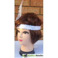 3x 1920s FLAPPER HEADBAND Headpiece Feather Sequin Charleston Costume Gatsby - White thumbnail